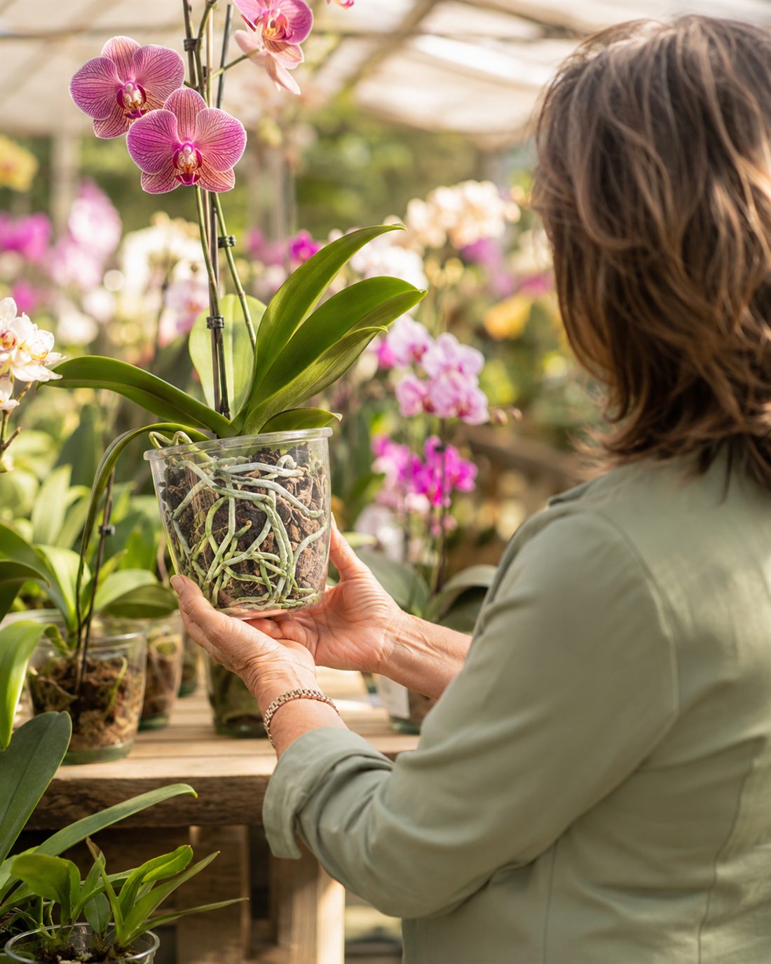 Ilse cuidando de uma Phalaenopsis no orquidário