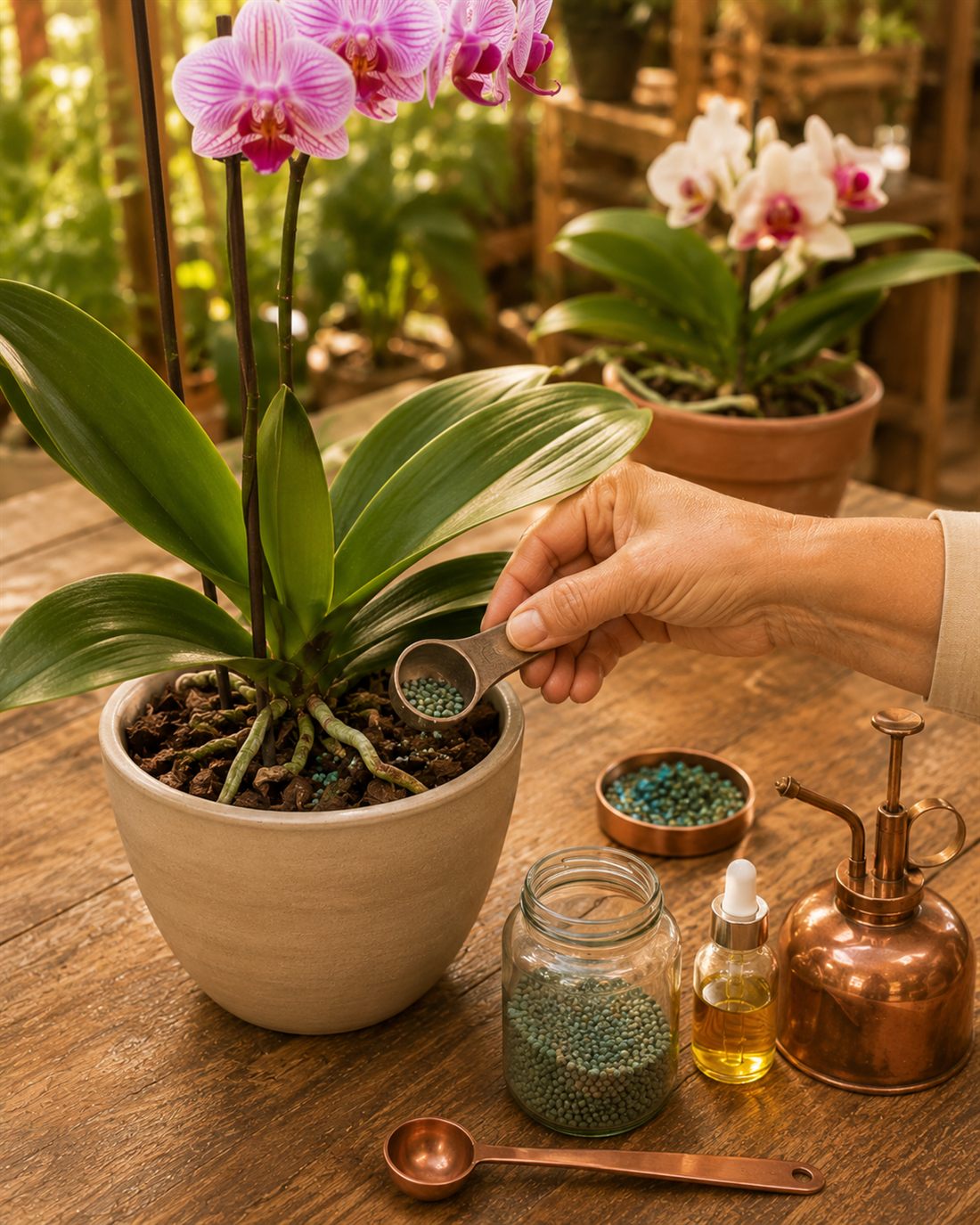 Adubação cuidadosa de uma orquídea